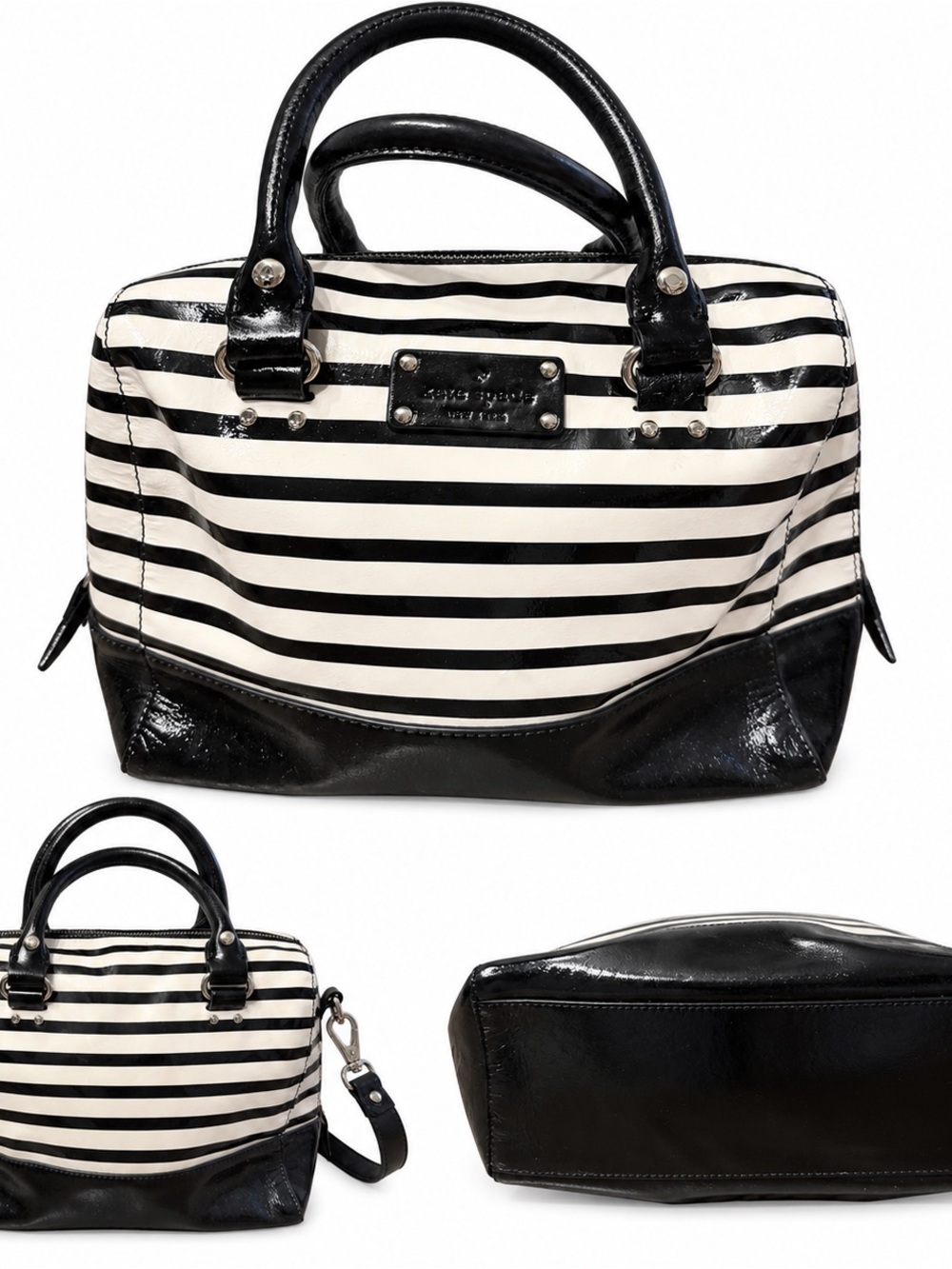 Kate Spade Chelsea Black White Striped Patent Satchel Crossbody Bag